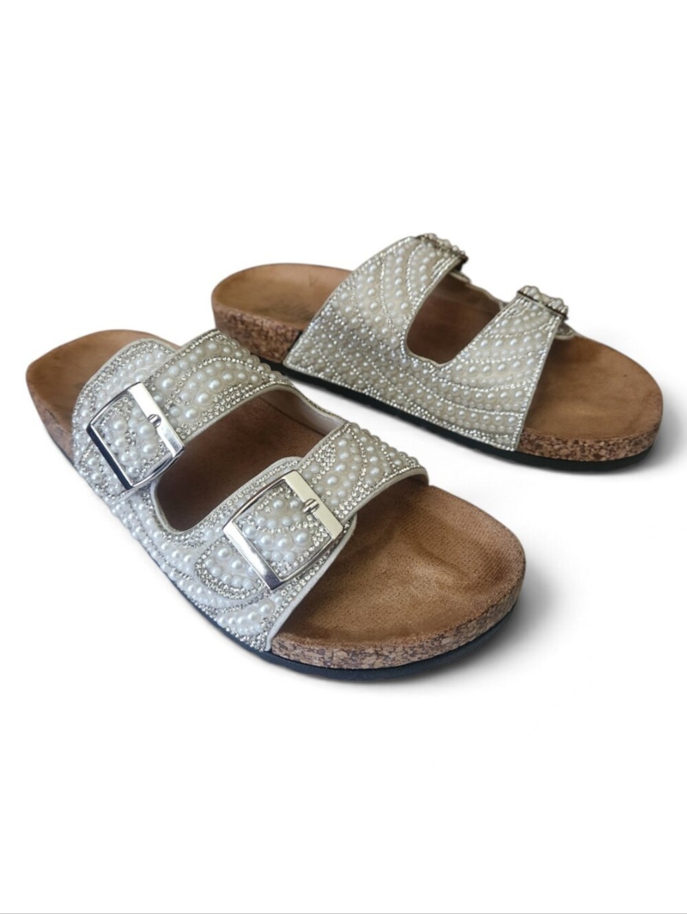 Jellypop Slides With Rhinestones & Pearls Double Buckle Womens Size 9 Boho Cork